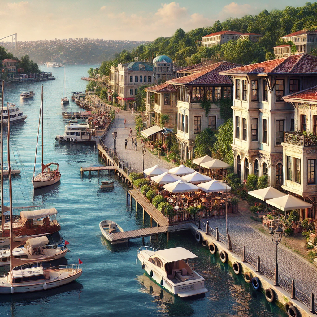 A scenic view of Istinye Bay in Sarıyer, Istanbul, featuring calm Bosphorus waters, historic yalis, and modern cafes.