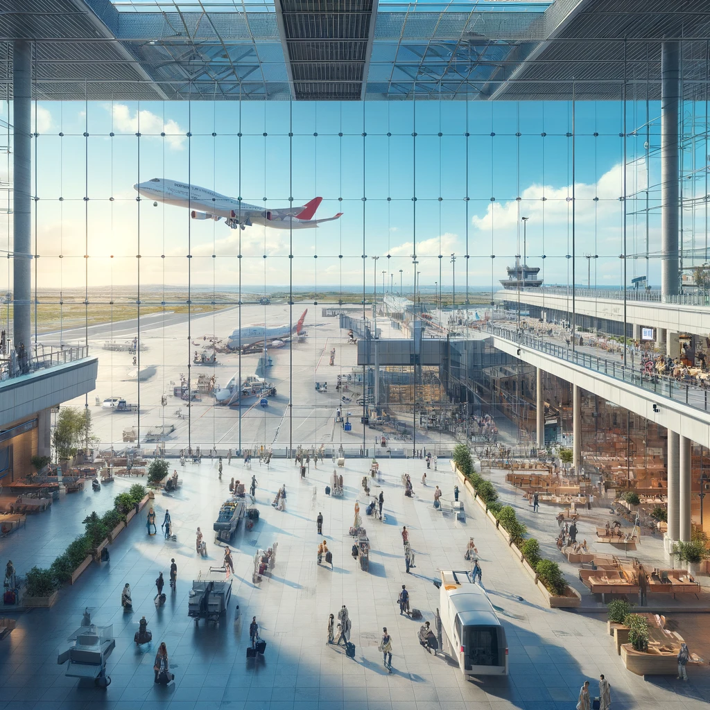 Izmir Adnan Menderes Airport modern terminal with travelers and airplanes on the tarmac.