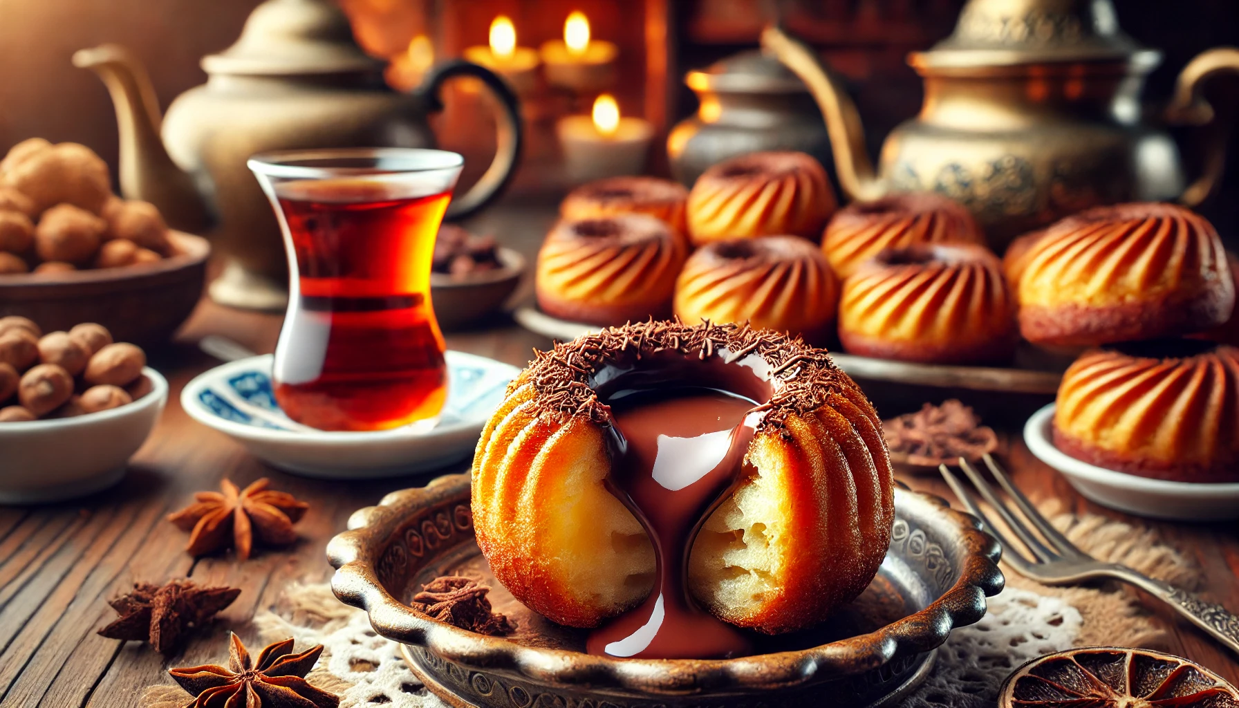 Close-up shot of Izmir Bombası with chocolate filling oozing out, served in a cozy Turkish cafe.