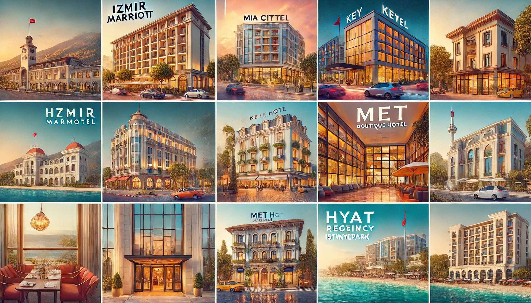 Collage of top-rated hotels in Izmir featuring Izmir Marriott Hotel, Mia City Hotel, Key Hotel, Met Boutique Hotel, and Hyatt Regency Izmir IstinyePark.