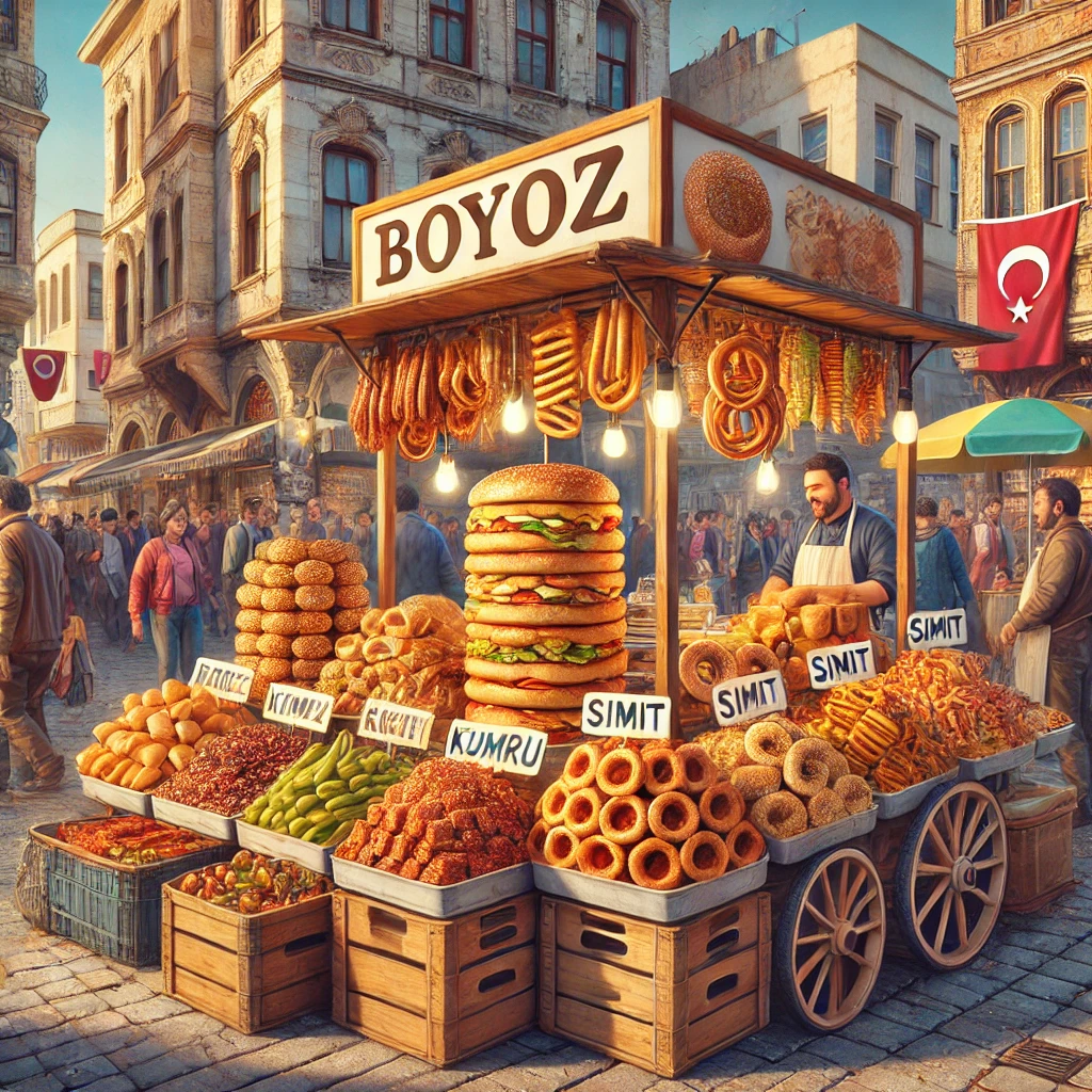 Realistic street food scene in Izmir, featuring boyoz, kumru sandwiches, and simit at a bustling market stall with traditional Izmir architecture in the background.