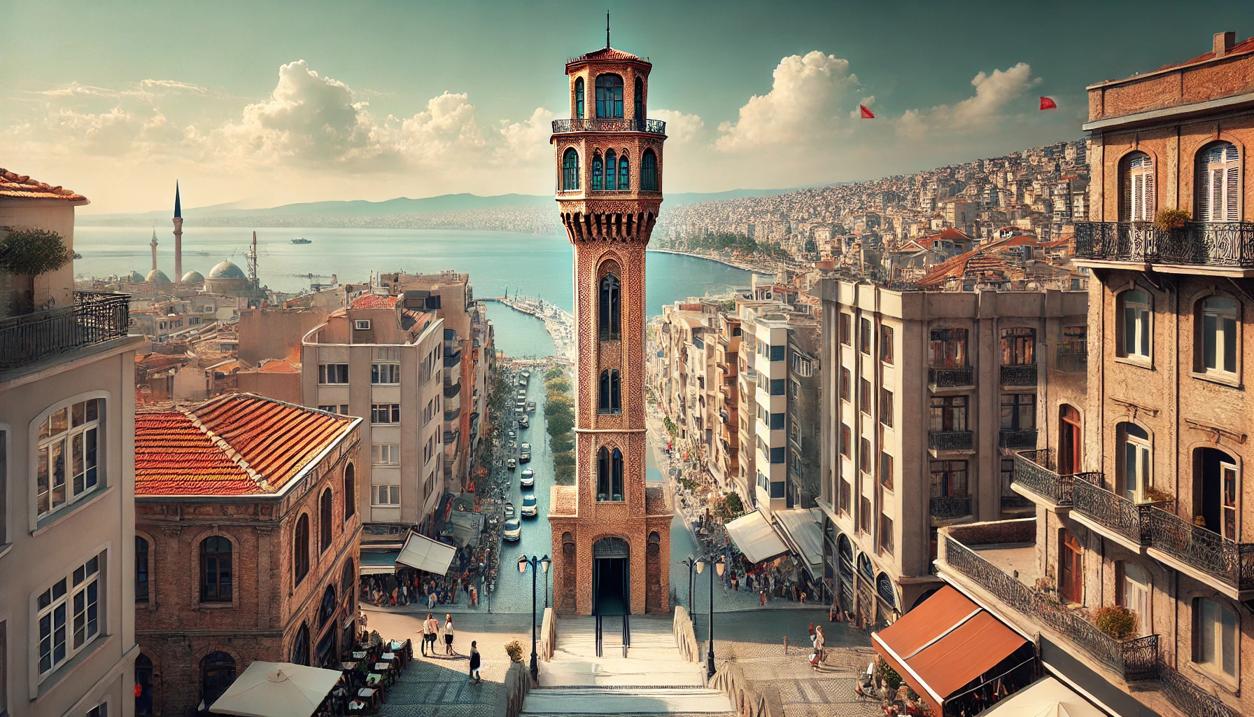 A view of the Izmir Historical Elevator Building (Asansör) in İzmir's Karataş quarter, showcasing its tall brick tower and panoramic view.