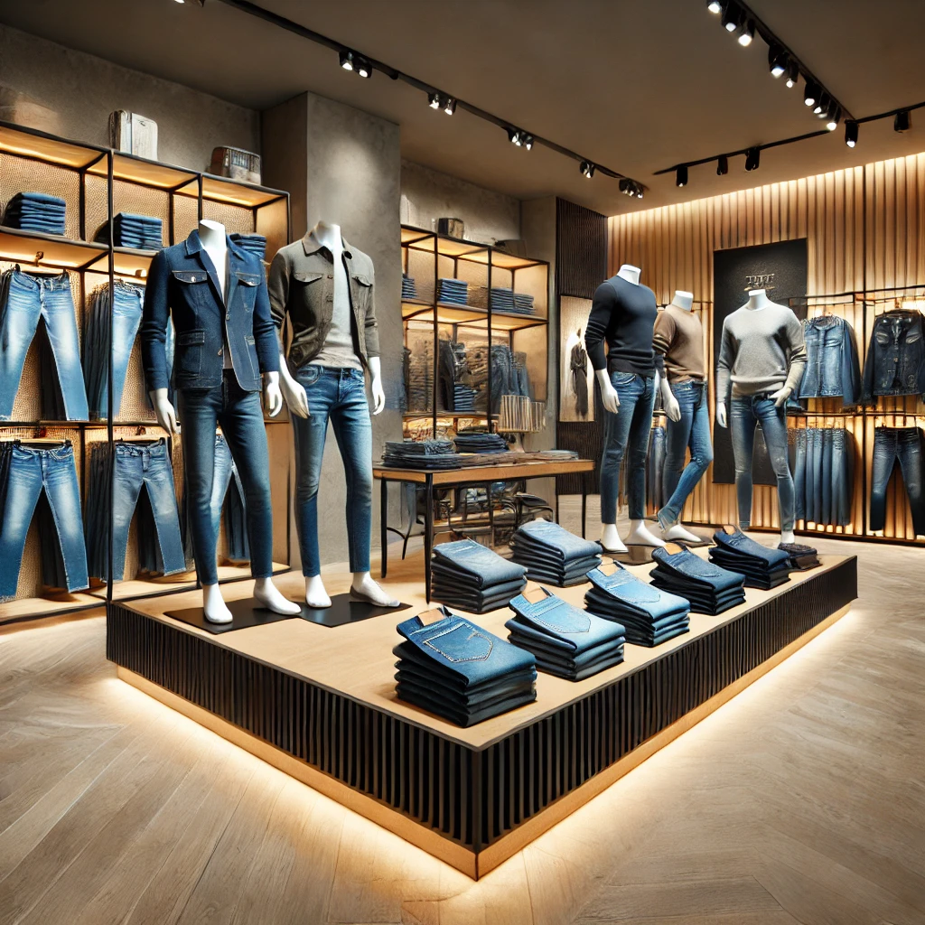 Modern Turkish boutique displaying a stylish collection of jeans in various styles, including straight-leg, skinny, and relaxed fit.