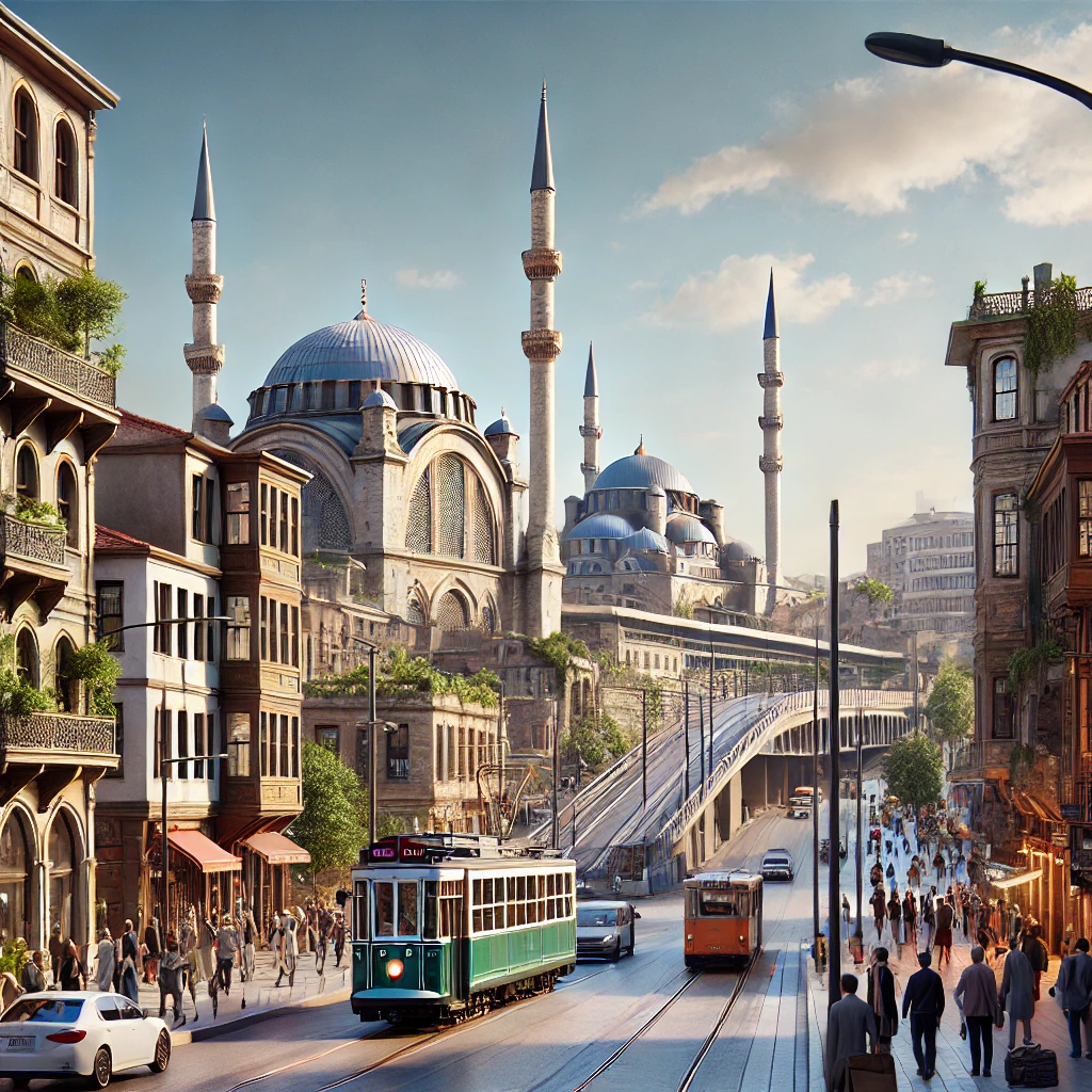 Street scene in Kağıthane, Istanbul with historical and modern elements.