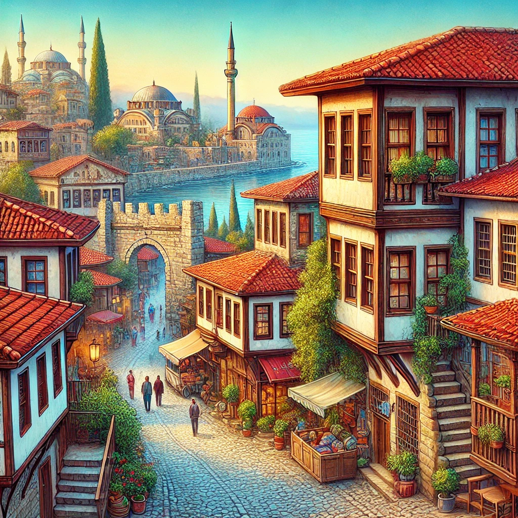 A vibrant view of Kaleiçi, Antalya showcasing historic Ottoman architecture, narrow streets, and iconic landmarks like Hadrian's Gate and Yivli Minaret.