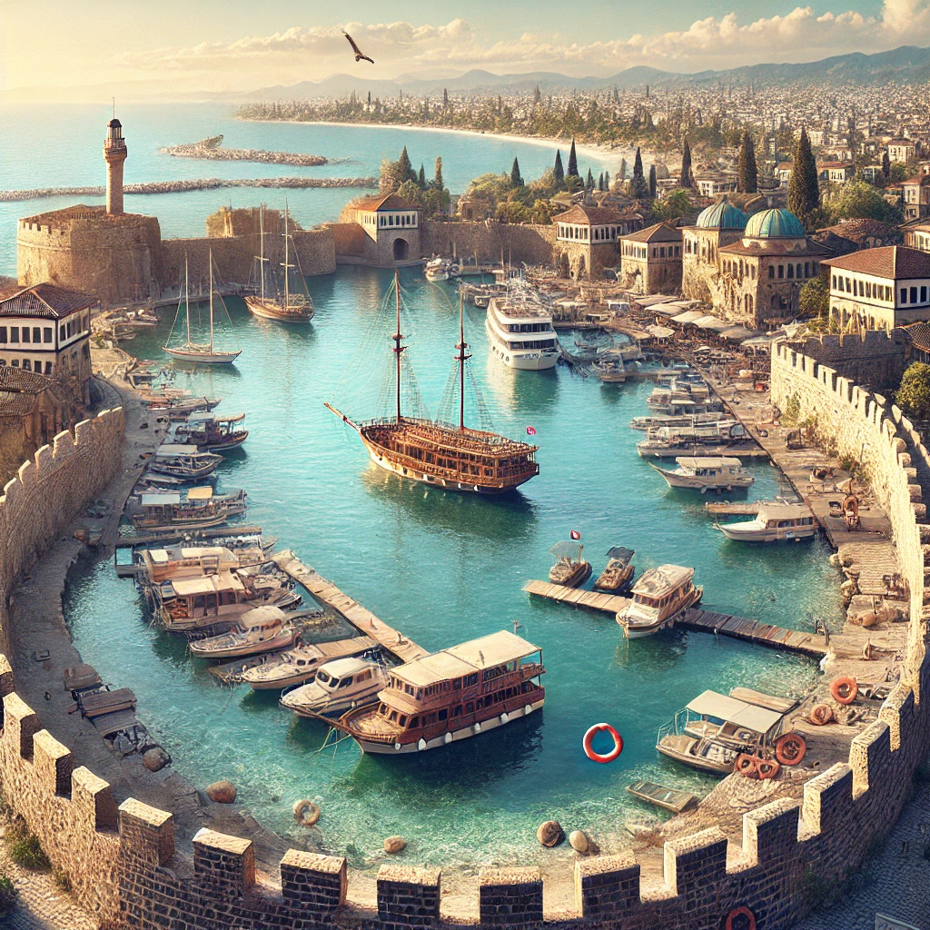 Realistic view of Kaleiçi Marina in Antalya, featuring the semi-circular harbor, ancient walls, and traditional Ottoman architecture.