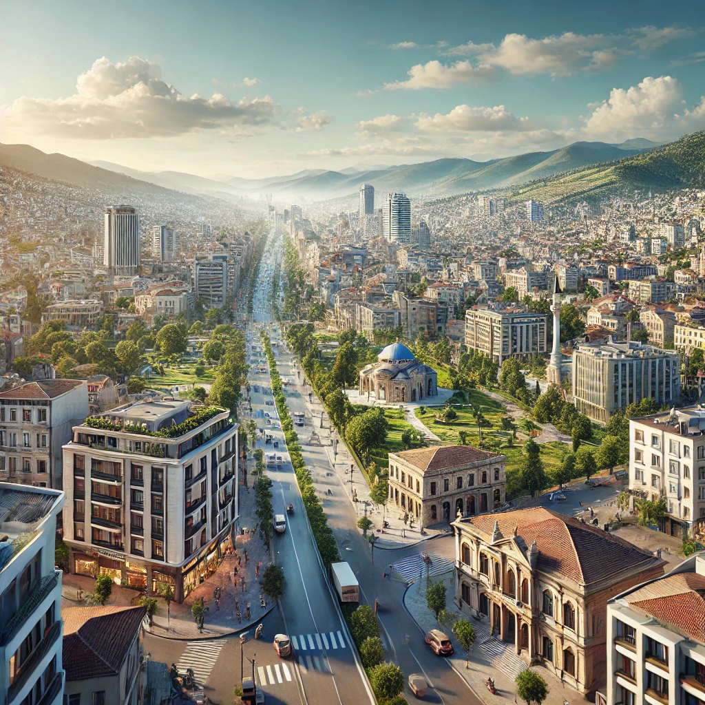 Realistic view of Karabağlar, Izmir showcasing modern urban areas, traditional architecture, green parks, and historical sites