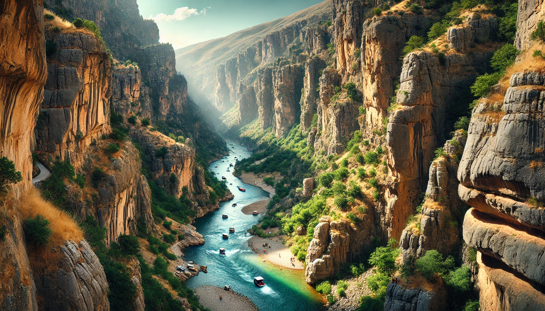 Stunning view of Karanlık Canyon in Erzincan Province, Turkey, featuring steep rocky walls, lush greenery, and the winding Karasu River with visitors enjoying boat rides.