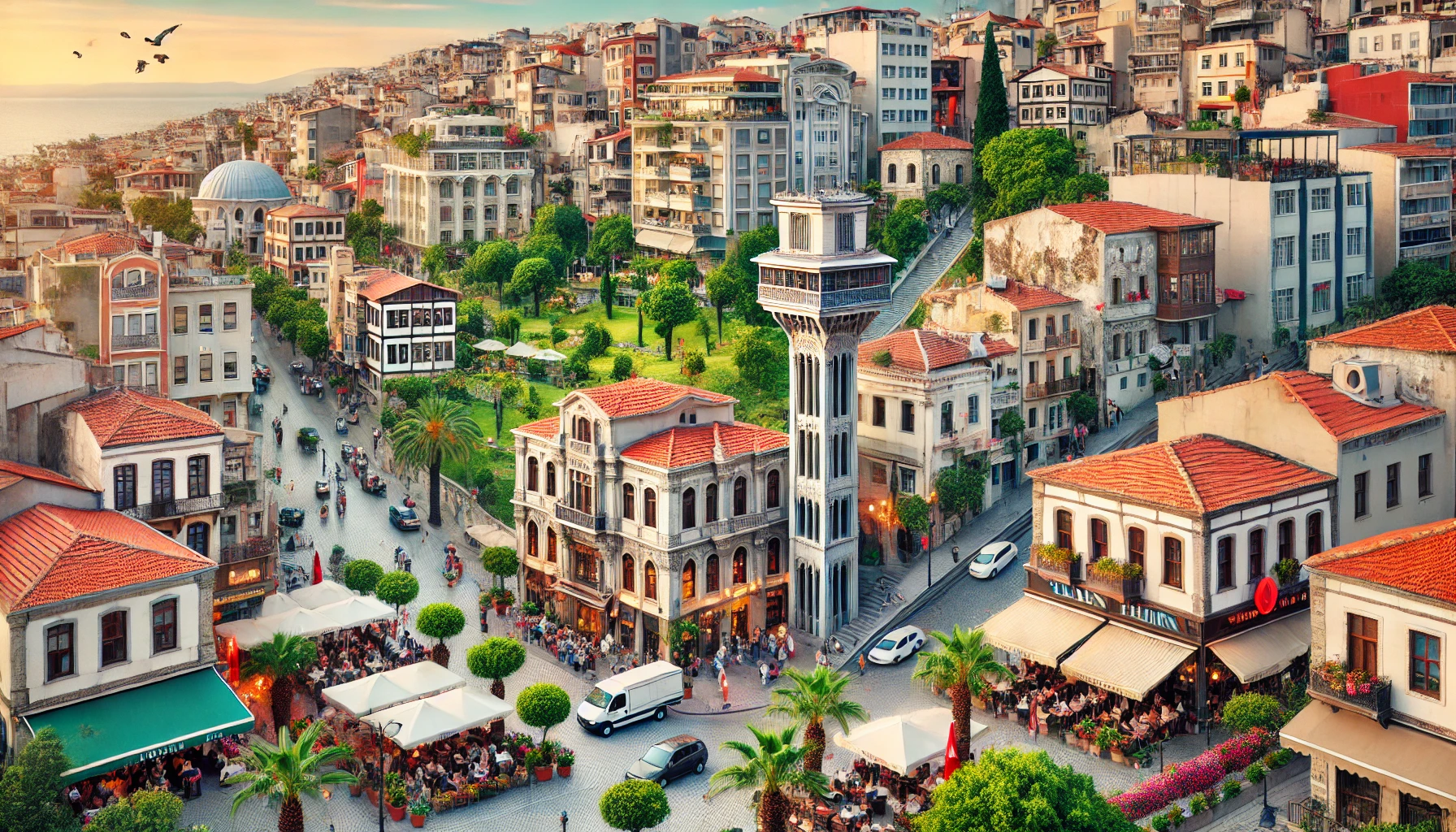 Picturesque neighborhood in Karataş, Izmir, Turkey with historical and modern buildings, iconic historical elevator, green parks, and vibrant streets.