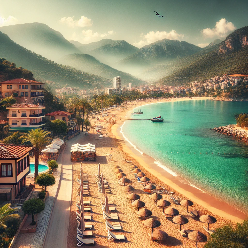 Scenic view of Kargıcak, Alanya with golden sands, turquoise waters, and Taurus Mountains in the background.