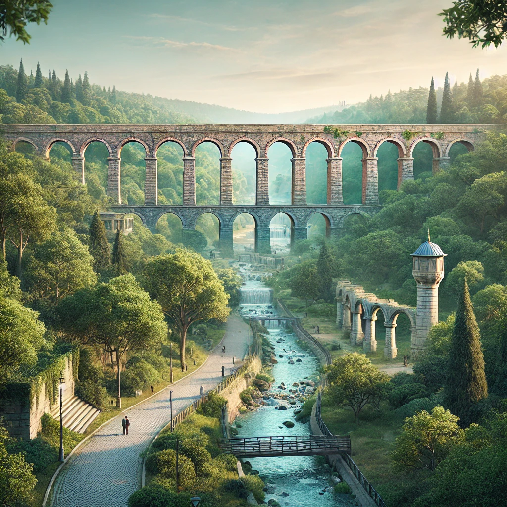 A scenic view of Kemerburgaz in Eyüpsultan, Istanbul, featuring ancient Ottoman aqueducts by Mimar Sinan and lush greenery from Belgrad Forest.