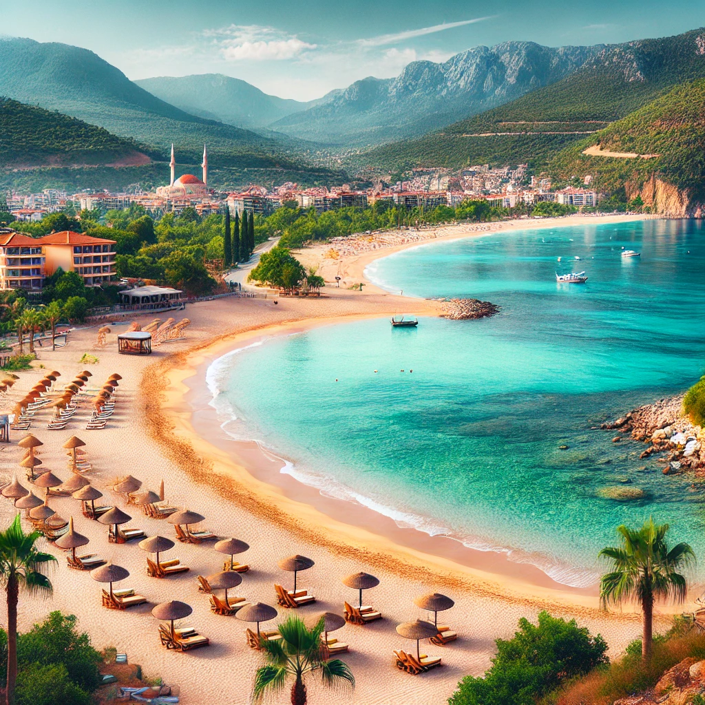 Scenic view of Kestel, Alanya with golden sands, turquoise waters, and Taurus Mountains in the background.