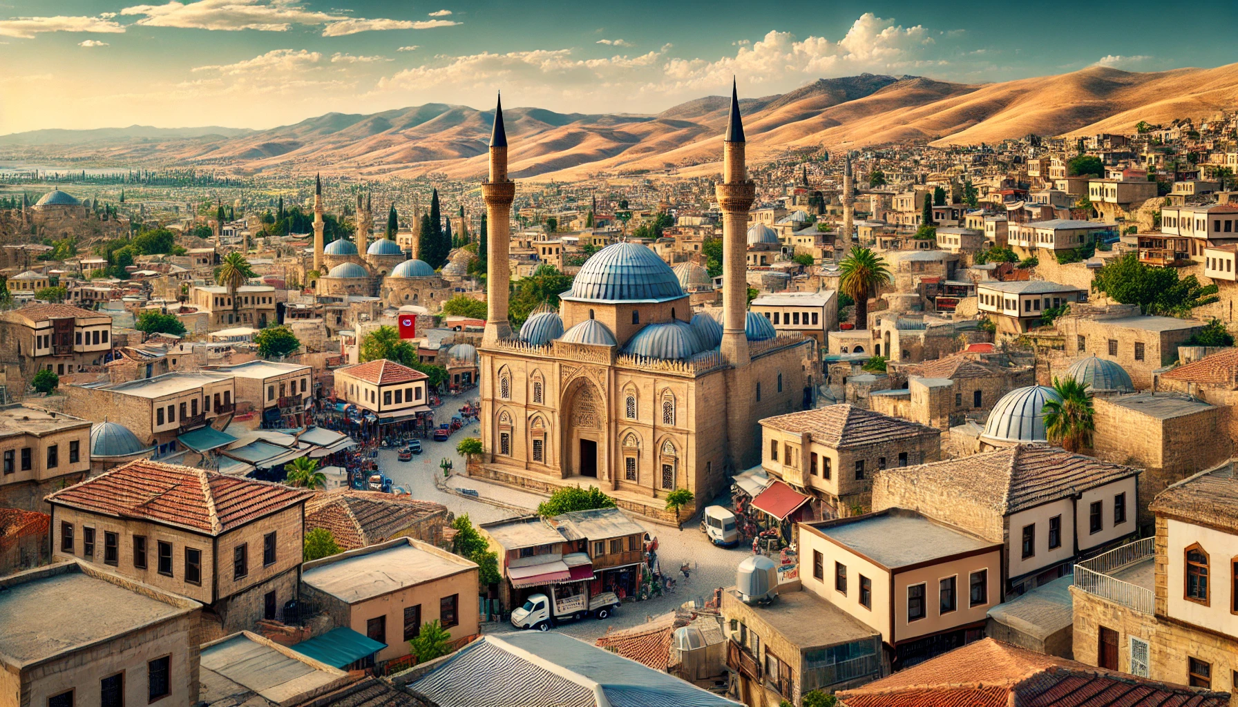 Panoramic view of Kilis, Turkey with historical mosques, stone houses, and Mediterranean landscape.