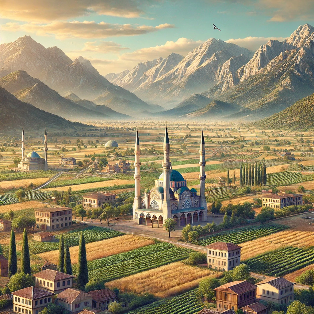 Realistic view of Kınık, Izmir showcasing Yıldırım Beyazıt Mosque, Ottoman architecture, agricultural fields, and surrounding mountains