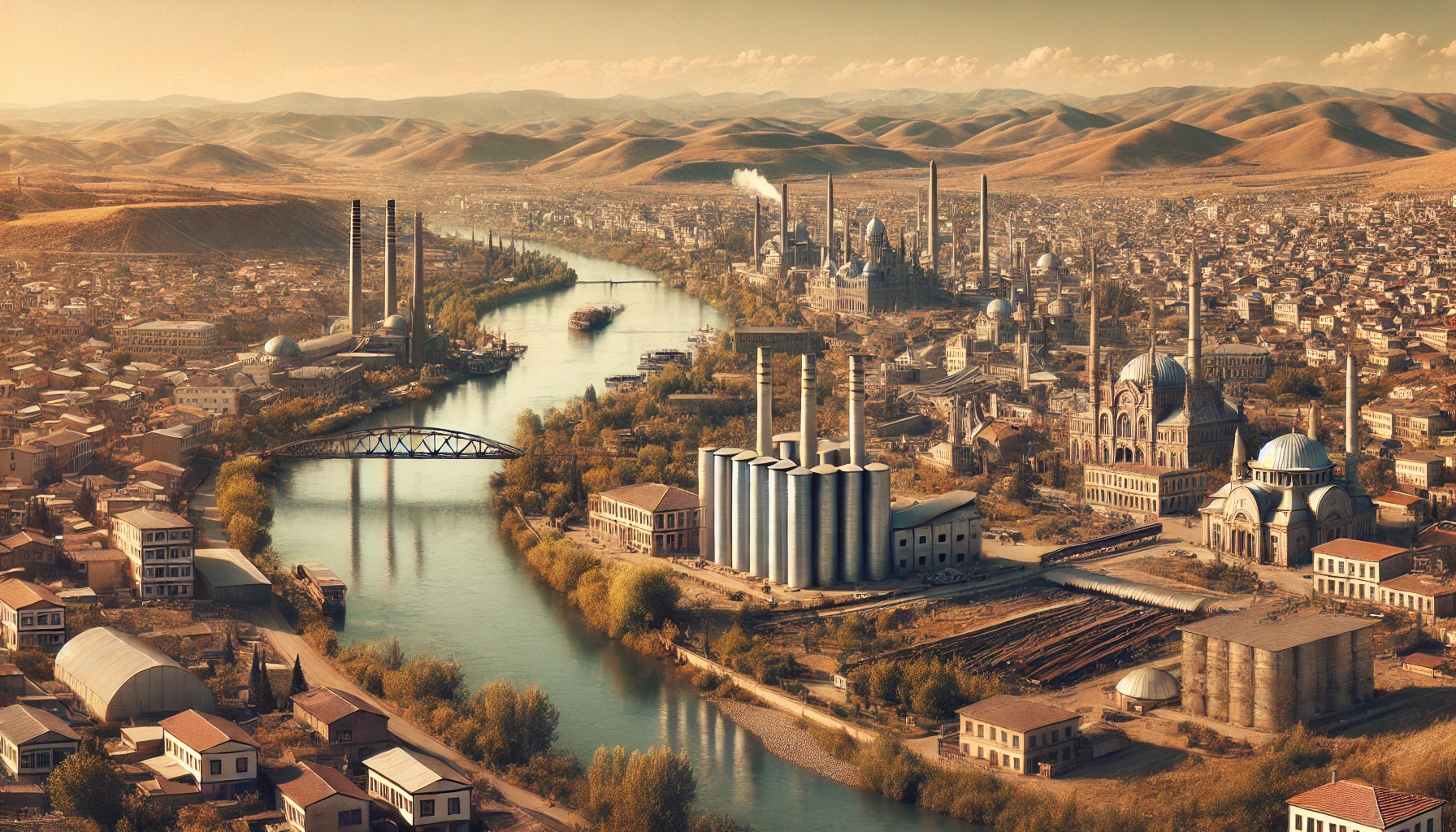 Panoramic view of Kırıkkale, Turkey with historical and modern architecture, Kızılırmak River, and industrial steel mills.