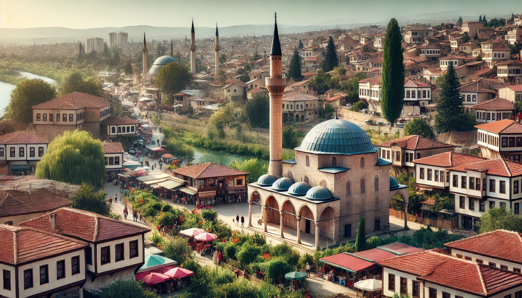 Picturesque view of Kırklareli, Turkey, showcasing the historic Hızır Bey Mosque with its single minaret, traditional Ottoman-era houses, and a bustling local market.