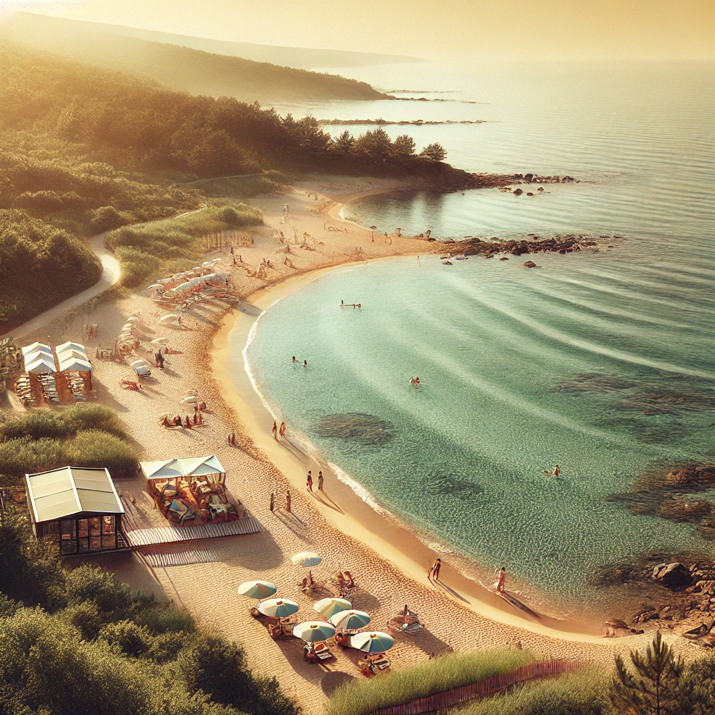 Serene view of Kısırka Village Beach in Istanbul's Sarıyer district with golden sands, calm waters, and lush greenery.