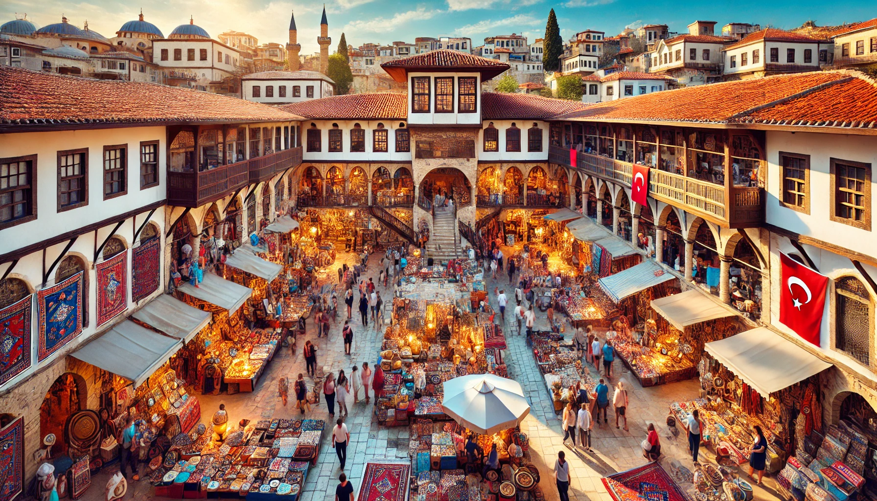 A vibrant view of Kizlaragasi Han Bazaar in Izmir, Turkey, showcasing historic Ottoman architecture and bustling marketplace.