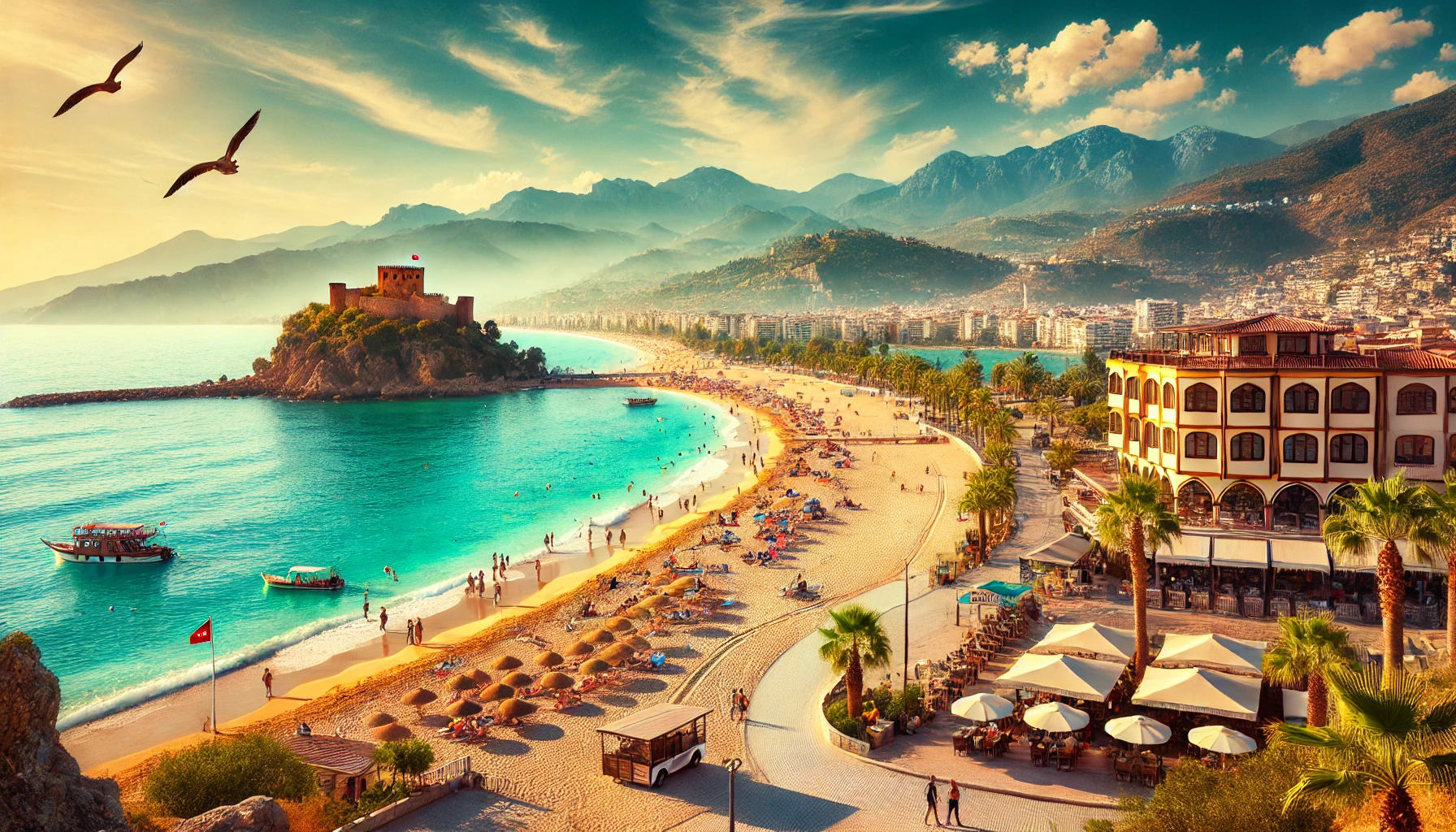 Scenic view of Kleopatra Beach in Alanya, Turkey, featuring golden sands, clear blue waters, sunbathers, beach umbrellas, and historic Alanya Castle.