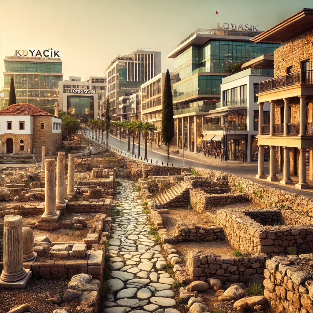 A scene in Konacık, Bodrum showcasing the contrast between ancient ruins of Pedasa and modern commercial buildings.