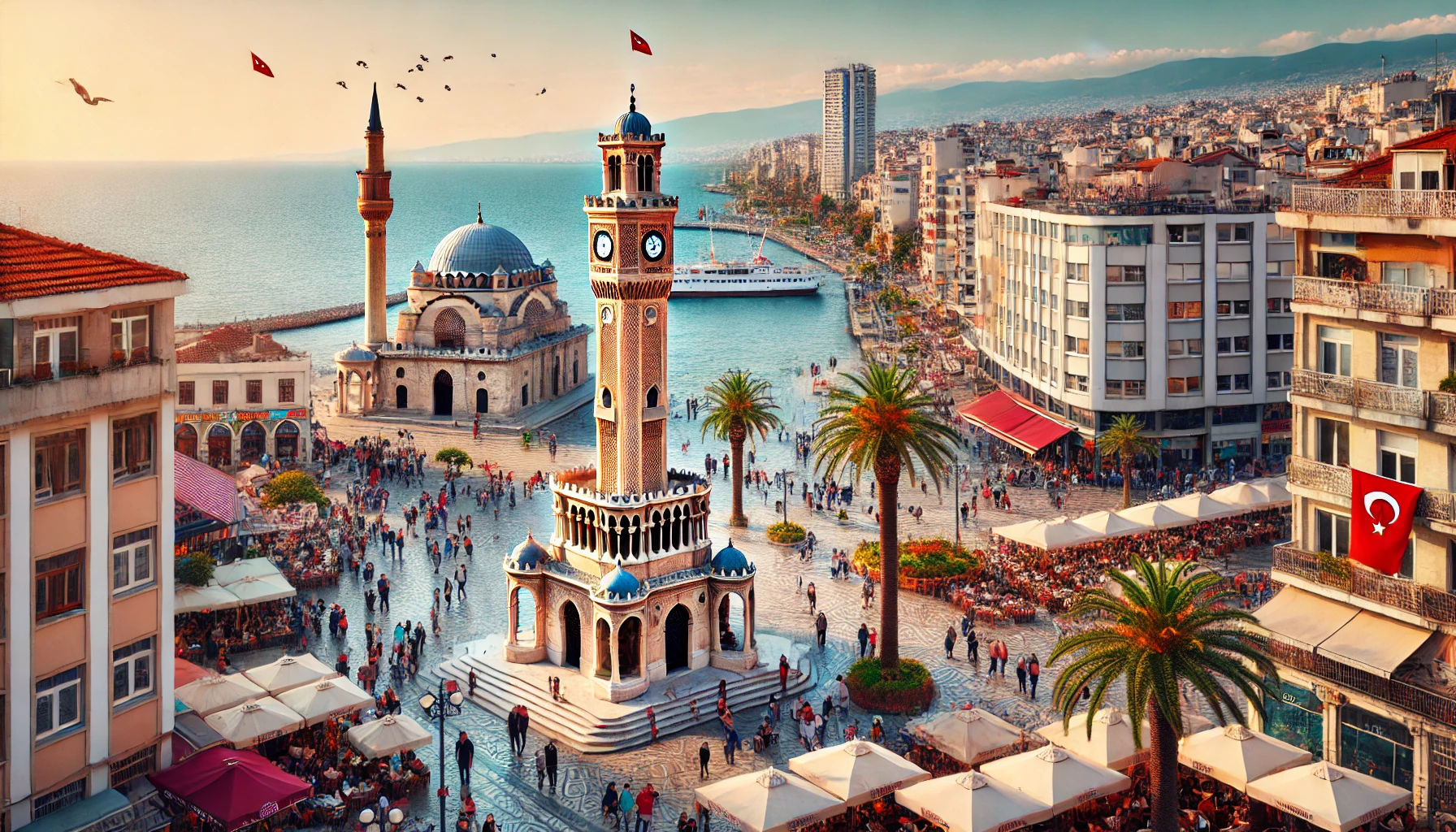 A vibrant view of Konak Square in Izmir, Turkey, featuring the İzmir Clock Tower, Yalı Mosque, and Governorate of İzmir with people walking and the Aegean Sea in the background.