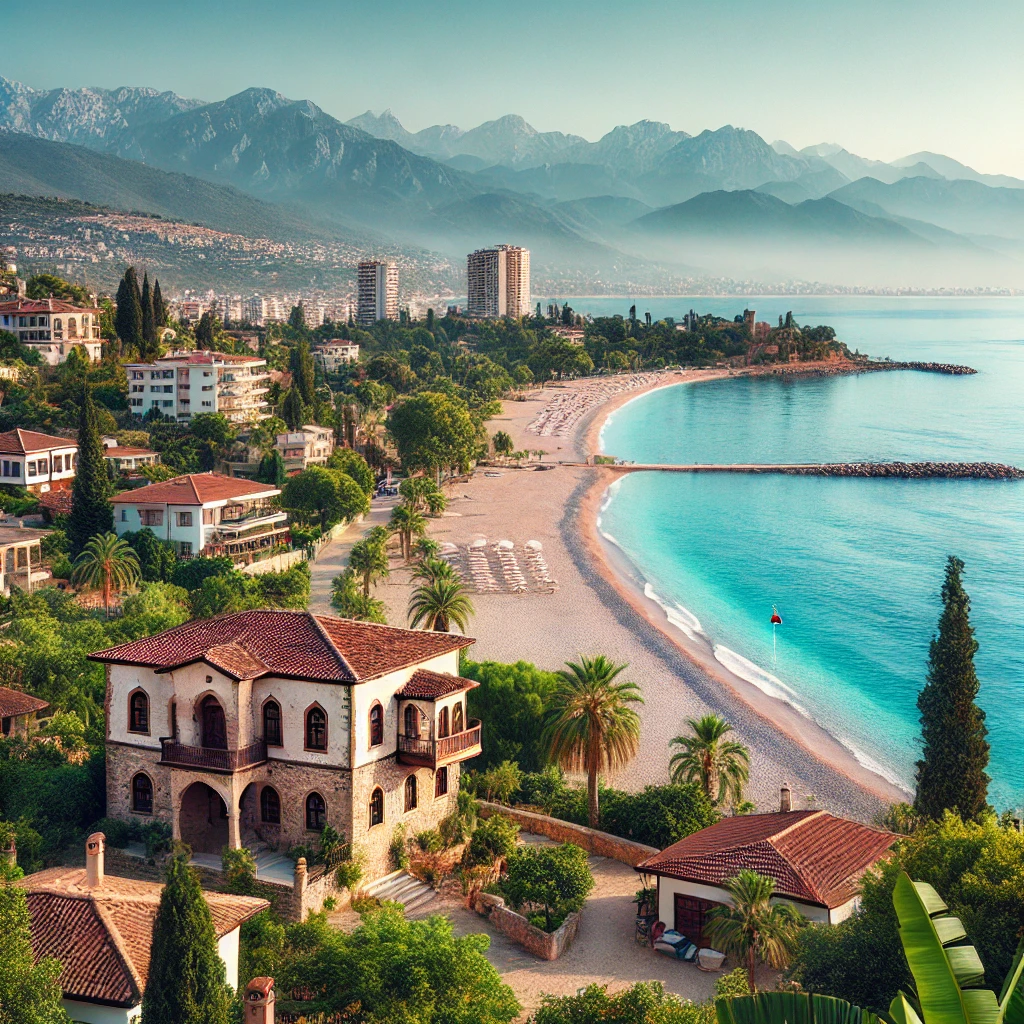 Scenic view of Konaklı, Alanya with pebble beach, Mediterranean waters, and Taurus Mountains.