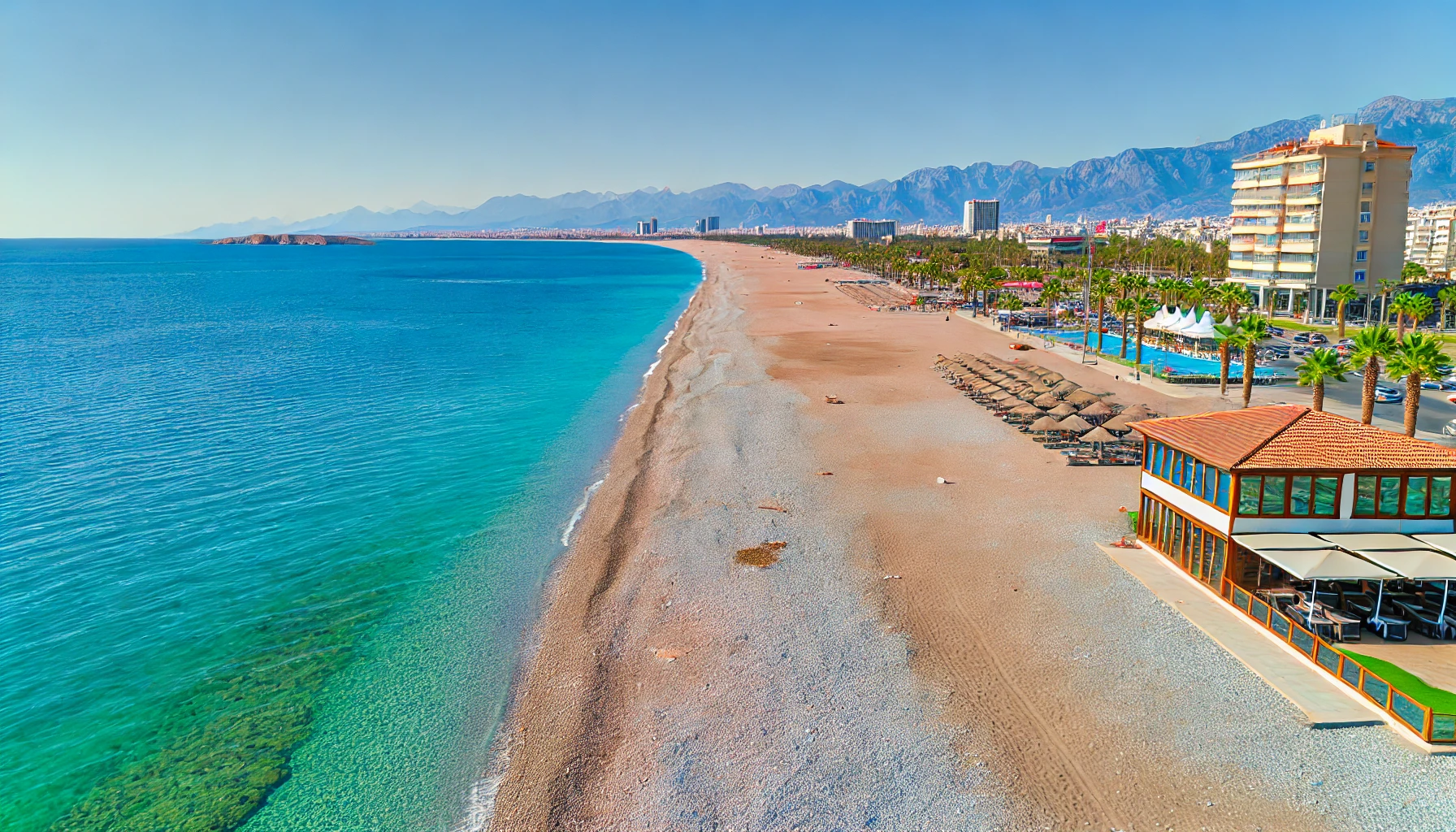 Scenic view of Konyaaltı Beach, Antalya, Turkey with pebbles, sandy patches, turquoise waters, beach park, and Taurus Mountains.