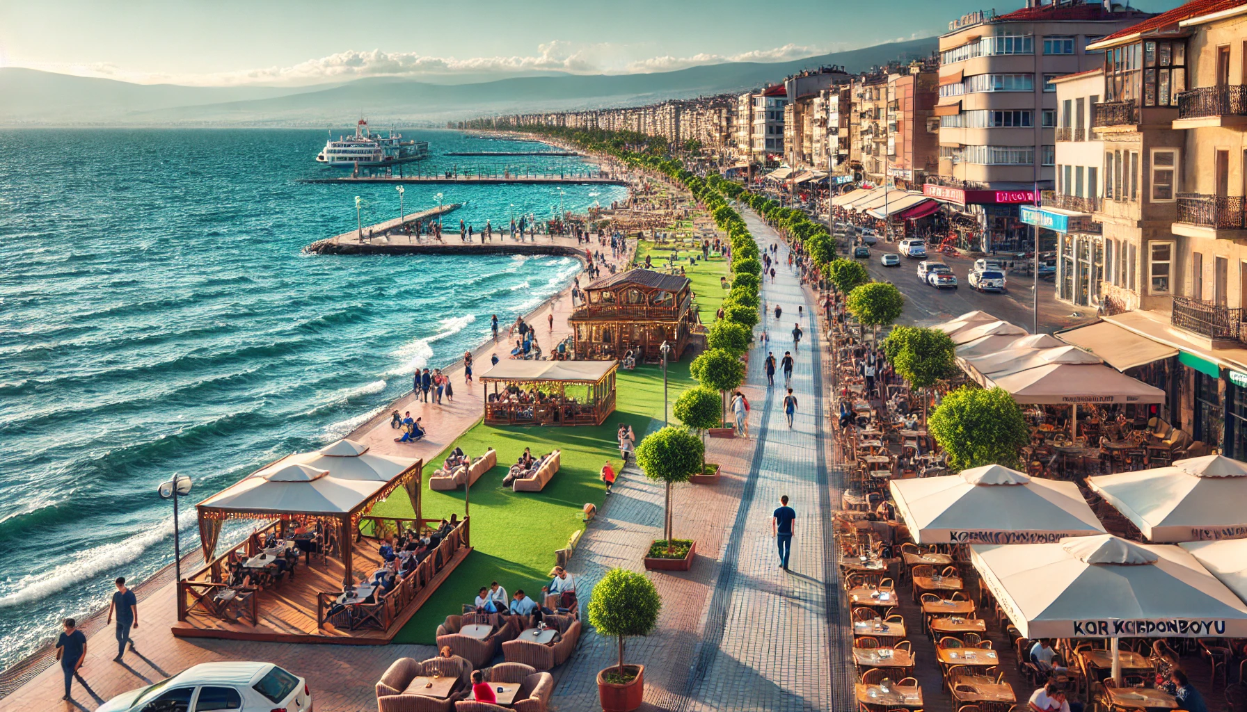 A scenic view of Kordonboyu in Izmir, Turkey, with the azure sea and cozy cafes.