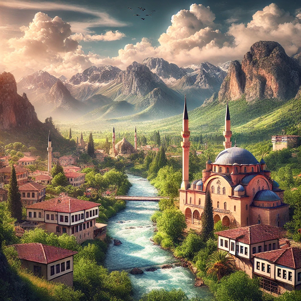 Picturesque view of Korkuteli, Antalya, showcasing the Sultan Alaaddin Mosque, İmecik Highland, and Güllük Mountain National Park under a clear blue sky.