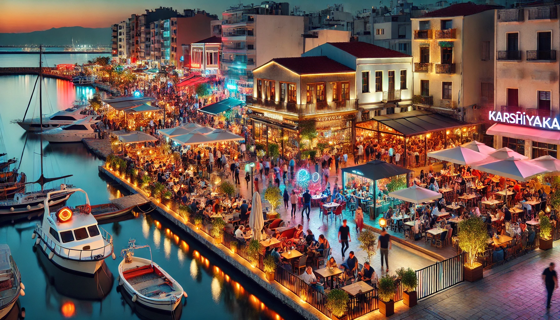 Vibrant nightlife scene in Karşıyaka, Izmir, featuring lively bars, clubs, and waterfront venues with people enjoying their evening.