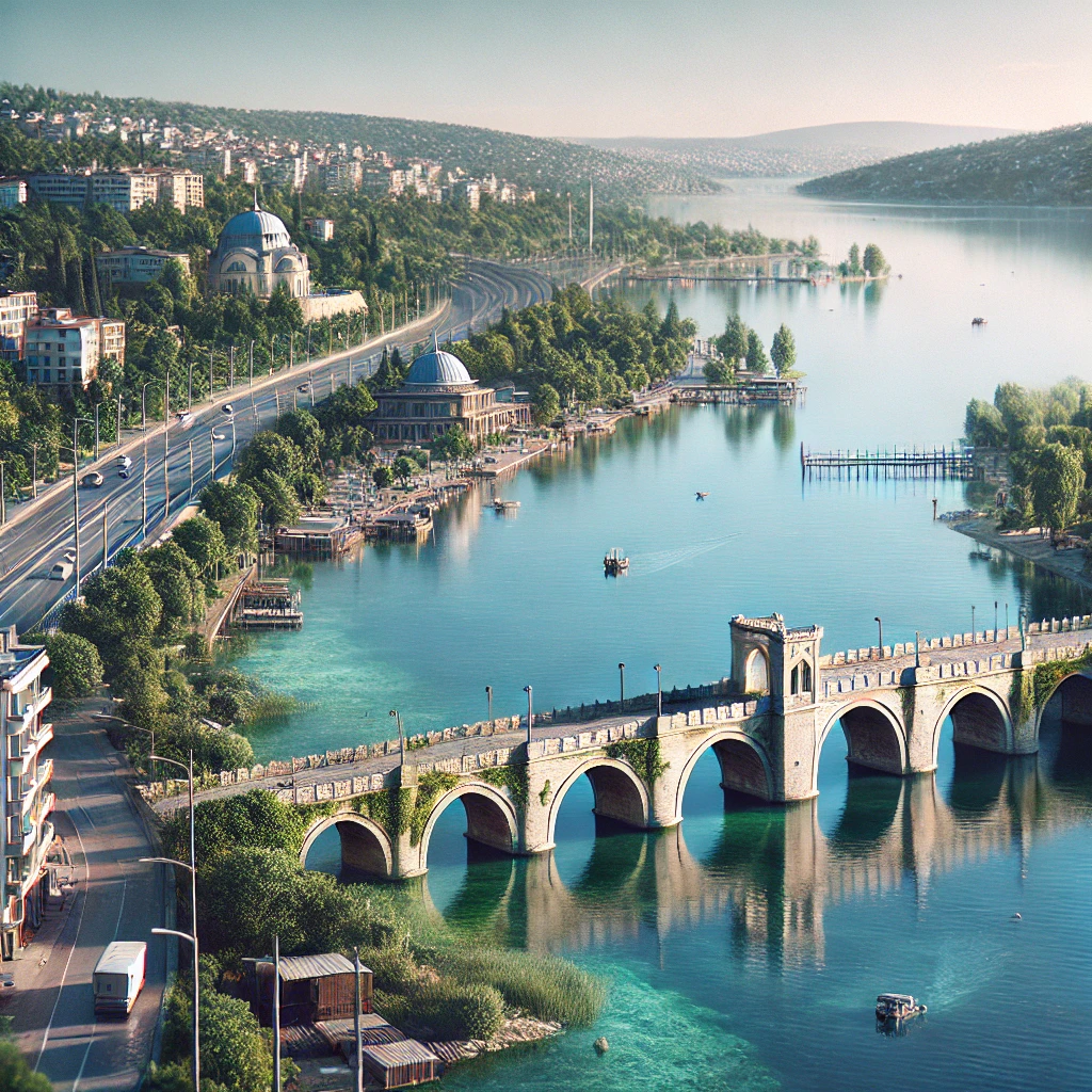 Küçükçekmece Lake in Istanbul with historical Menekşe Deresi Bridge and modern buildings in the background.