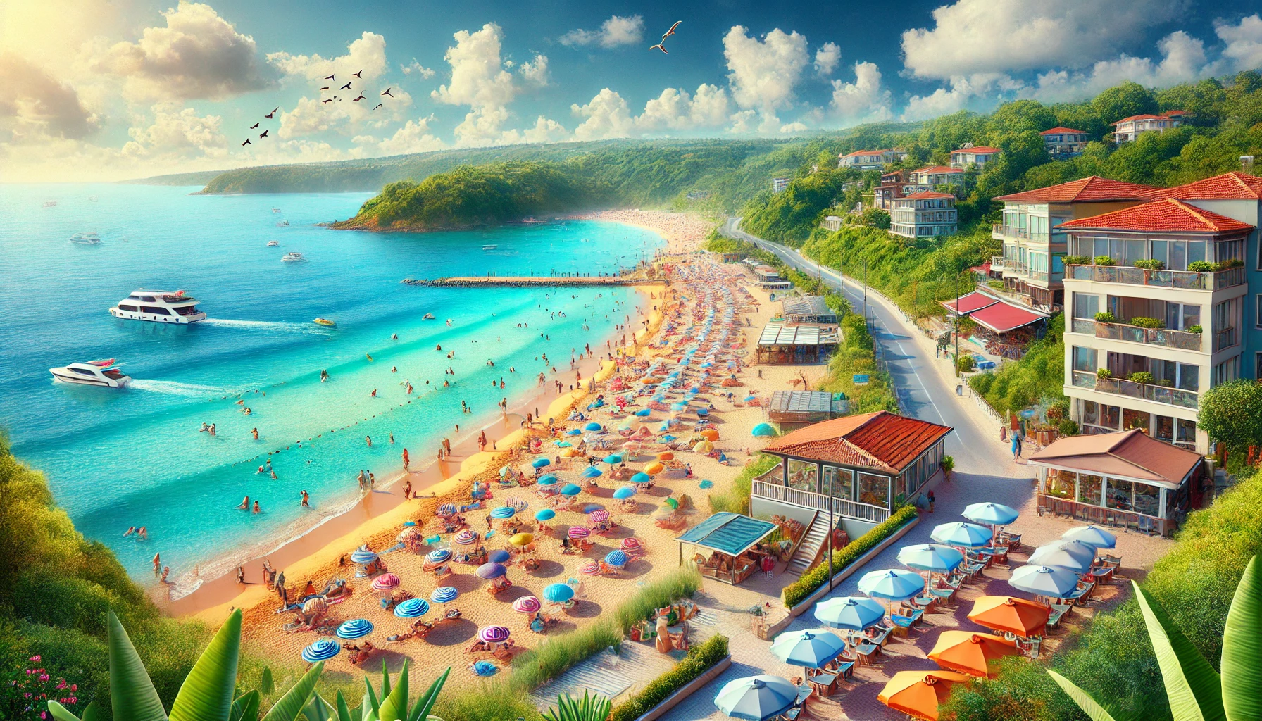 Scenic view of Kumbaba Beach in Şile, Istanbul, featuring sandy shore, blue waters, sunbathers, colorful beach umbrellas, lush greenery, and beachside cafes.