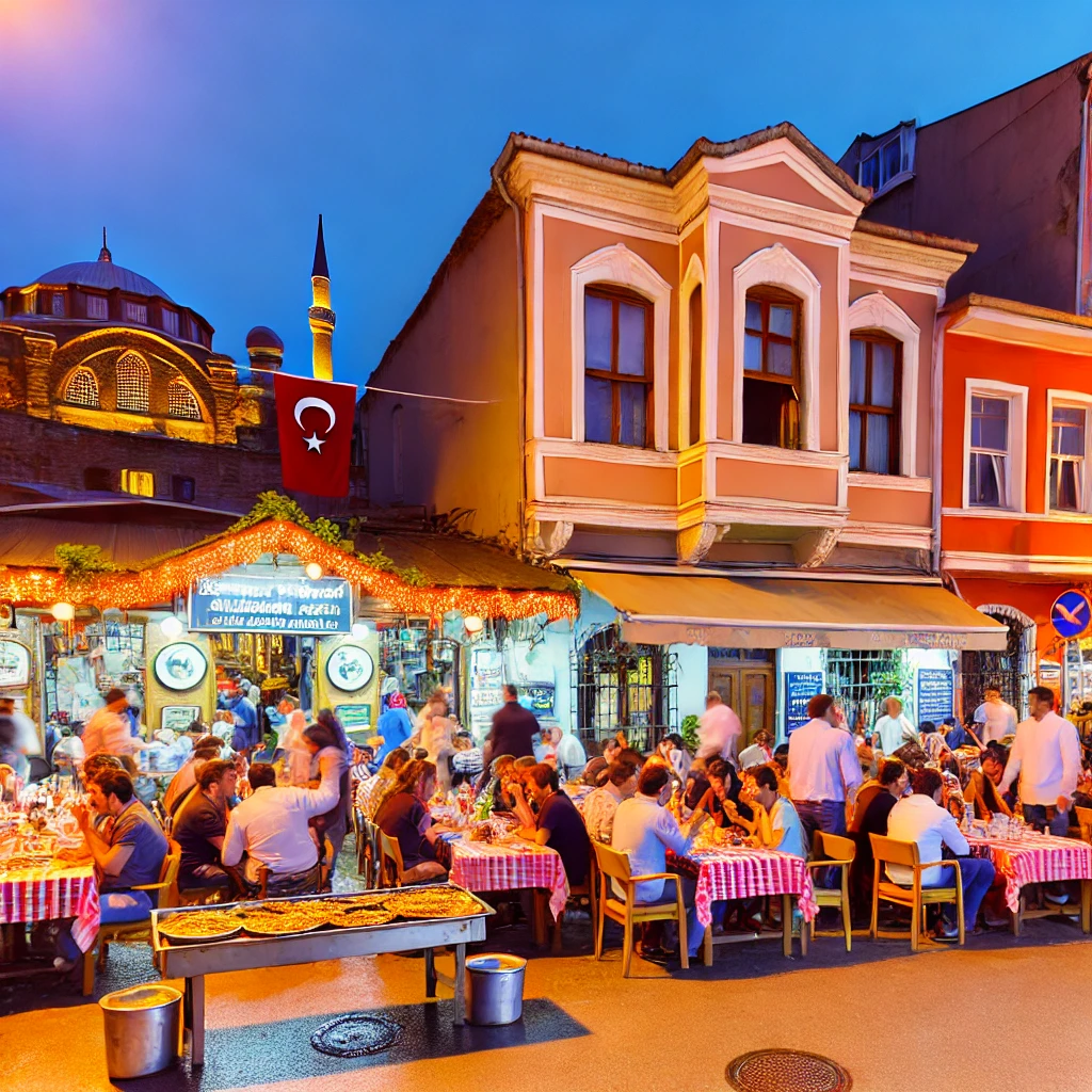 A lively evening scene in Kumkapı, Istanbul, with bustling meyhanes and historic buildings.