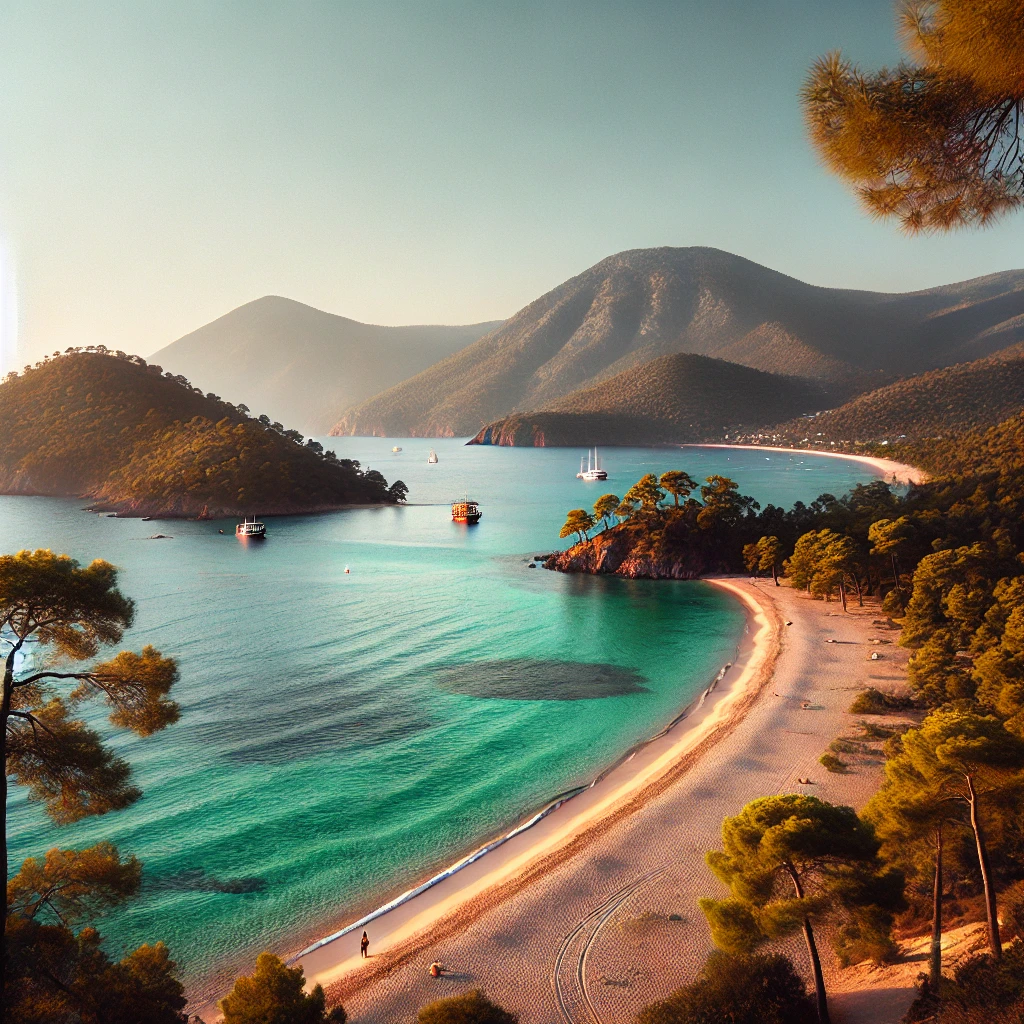 A tranquil view of Kumlubük, Marmaris with turquoise waters and a sandy beach framed by pine-covered hills.