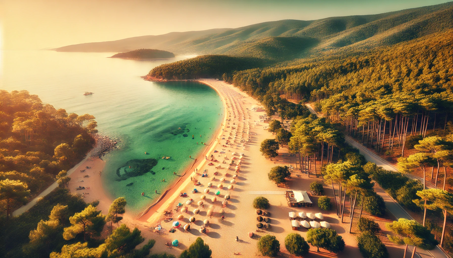 Scenic view of Kurşunlu Beach in Bursa, Turkey, featuring golden sands, calm clear waters, sunbathers, beach umbrellas, and lush greenery.