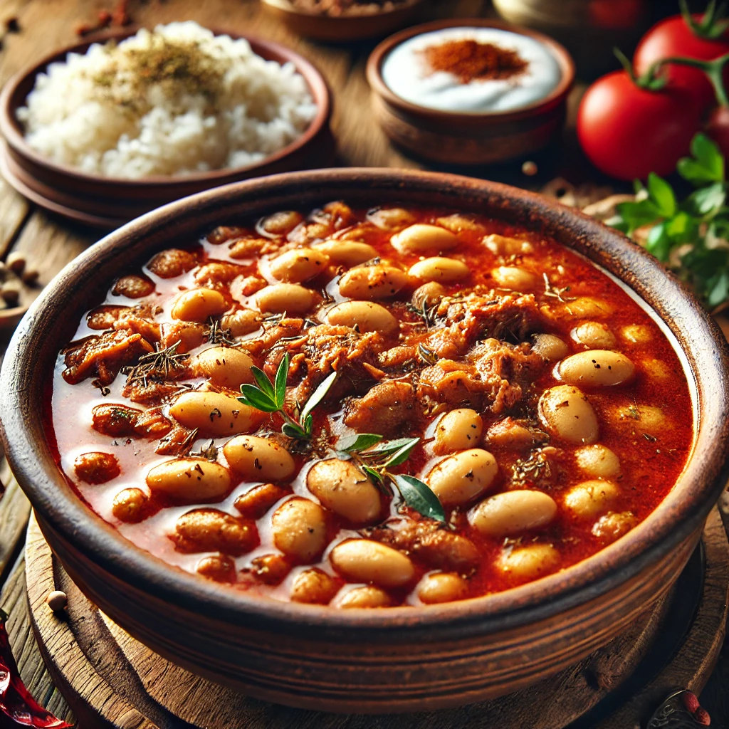 A steaming bowl of Kuru Fasulye, Turkish white bean stew, with tender meat, served in an earthenware bowl alongside rice and yogurt.