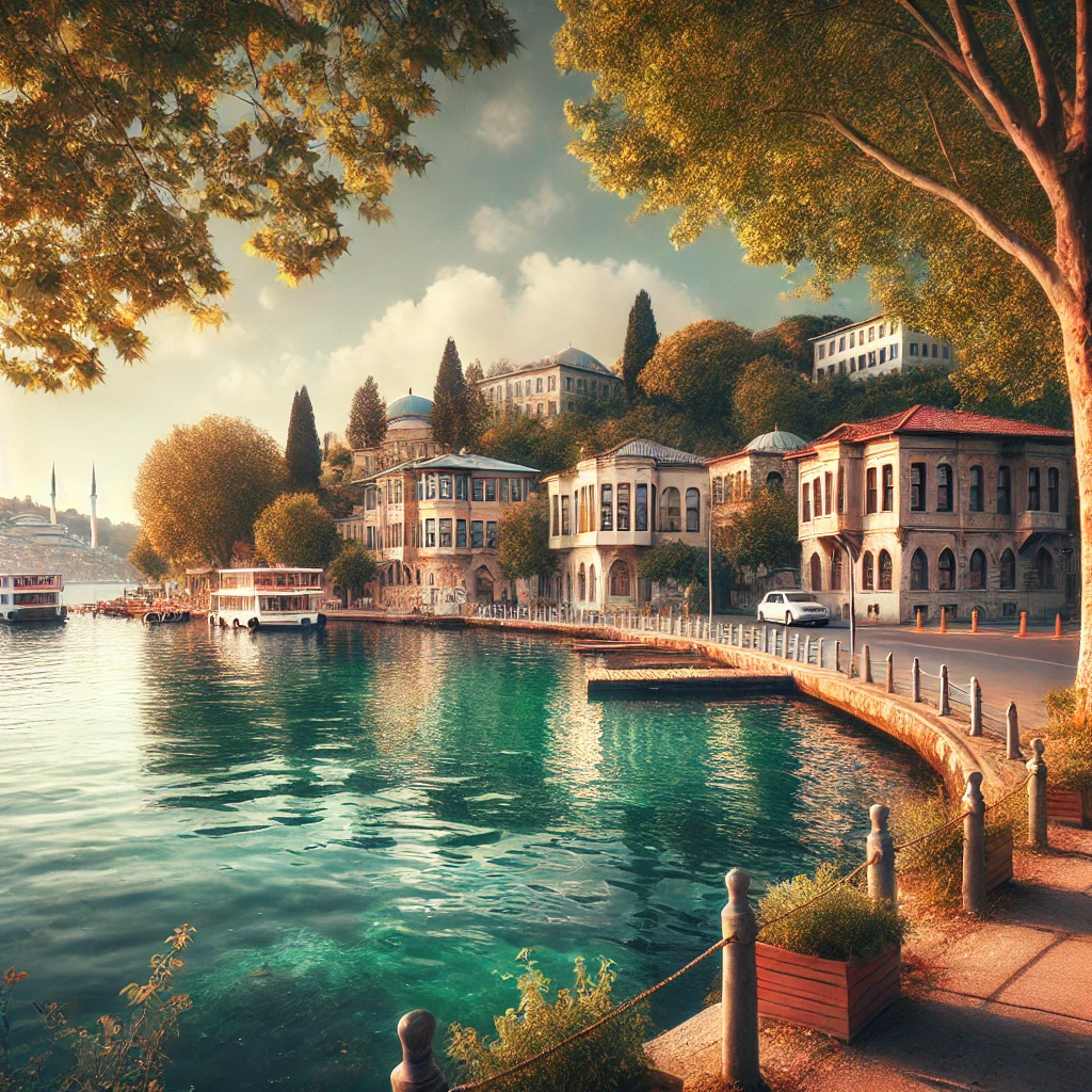 A scenic view of Kuruçeşme Sahil in Beşiktaş, Istanbul, featuring the Bosphorus, lush greenery, and historic Ottoman-style buildings.