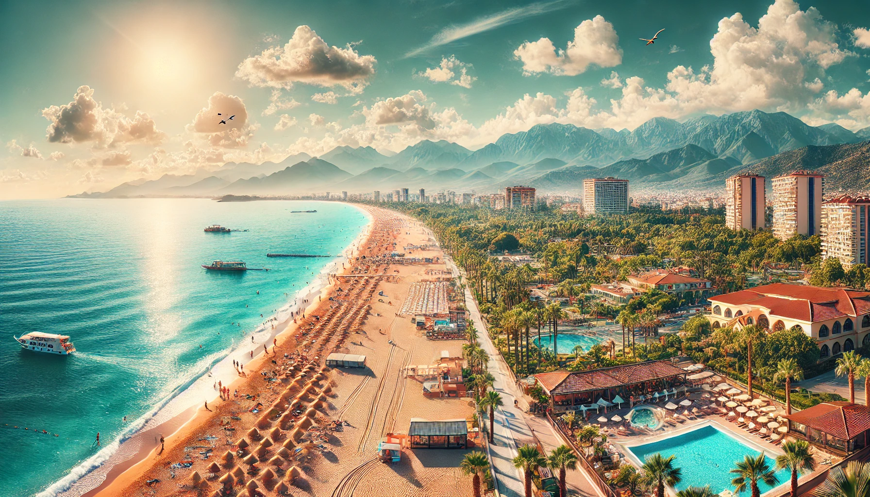 Scenic view of Lara Beach in Antalya, Turkey, featuring sandy shoreline, turquoise waters, sunbathers, beach umbrellas, luxury resorts, and Taurus Mountains.