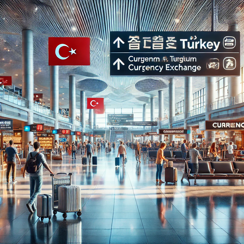 Travelers arriving at a Turkish airport terminal with luggage, featuring signs in English and Turkish.