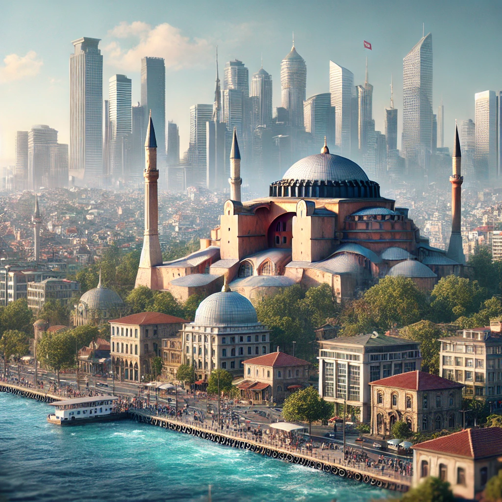 Iconic Istanbul skyline featuring Hagia Sophia, modern skyscrapers, and the Bosphorus Strait, capturing the city's vibrant and diverse atmosphere.