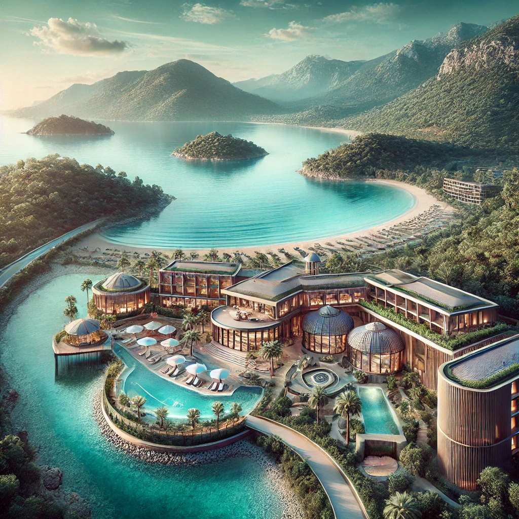 Luxury resort in Turkey by the Mediterranean Sea with private beaches, elegant architecture, and lush greenery.