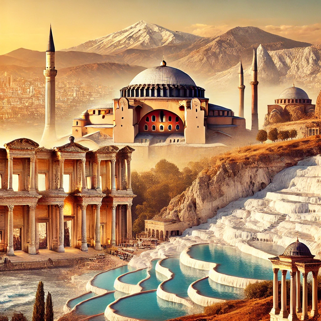 A stunning blend of Türkiye's iconic landmarks including Hagia Sophia, Cappadocia's fairy chimneys, Pamukkale's travertine terraces, and a Mediterranean beach.