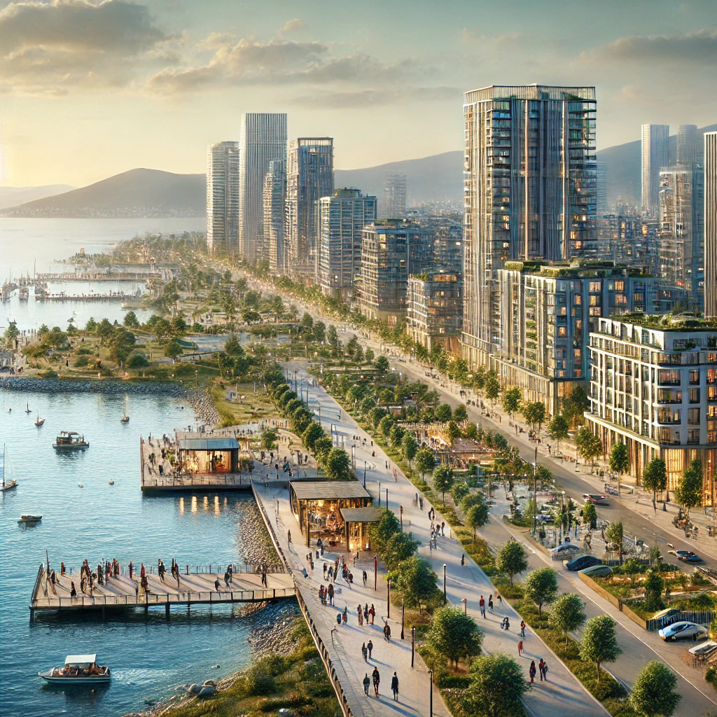 Modern urban landscape of Maltepe, Istanbul, with high-rise buildings, coastal line, and greenery in Maltepe Sahil Parkı.