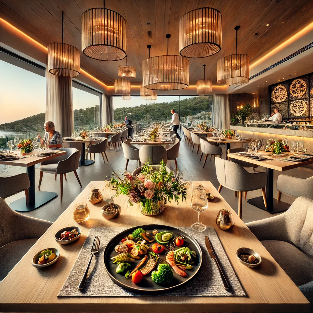 Elegant dining setting at Malva Restaurant in Bodrum, Turkey, featuring Aegean-inspired gourmet dishes. Image Title: Fine Dining Experience at Malva Restaurant in Bodrum