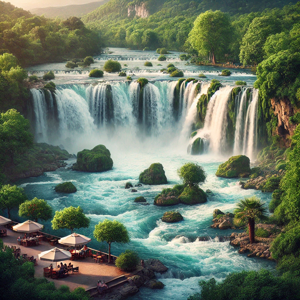 Scenic view of Manavgat Waterfall in Antalya, Turkey, with foaming waters cascading over rocks surrounded by lush greenery and tea gardens.