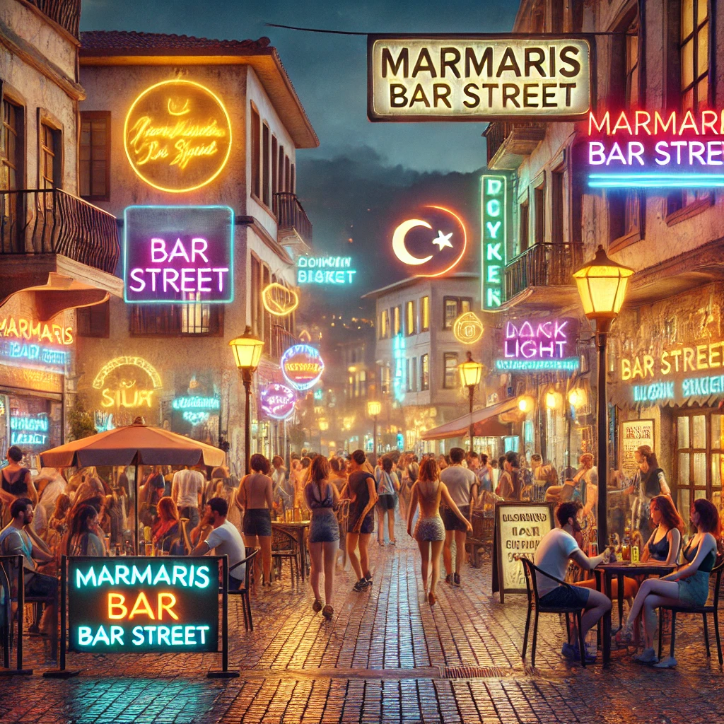 Nightlife on Marmaris Bar Street with people enjoying bars and clubs under colorful neon lights.