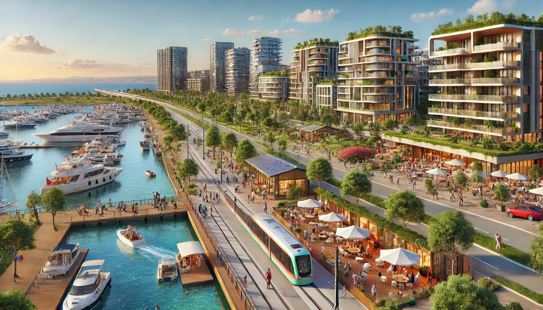 Vibrant coastal neighborhood in Mavişehir, Izmir, Turkey featuring modern residential buildings, shopping malls, green parks, a light-rail station, and people enjoying outdoor cafes and recreational activities by the seaside.