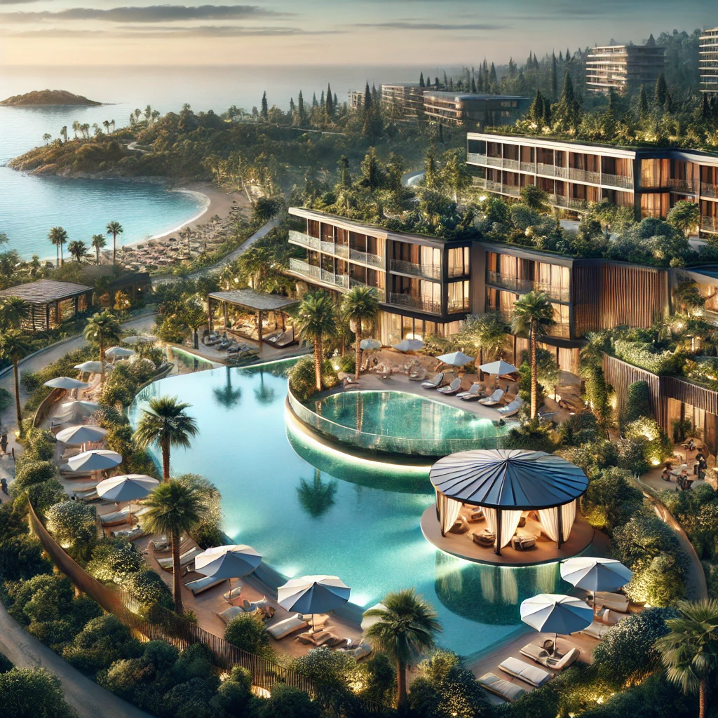 Luxurious resort in Antalya, Turkey, with a large pool and Mediterranean Sea backdrop.