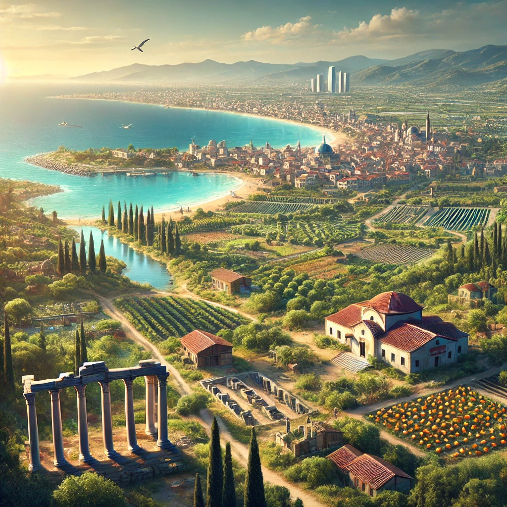 Realistic view of Menderes, Izmir showcasing ancient ruins, citrus orchards, pristine beaches, and a traditional Turkish village