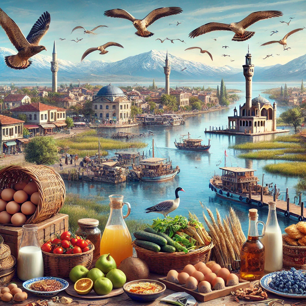 Realistic view of Menemen, Izmir showcasing historical landmarks, agricultural fields, traditional pottery, and Gediz Delta